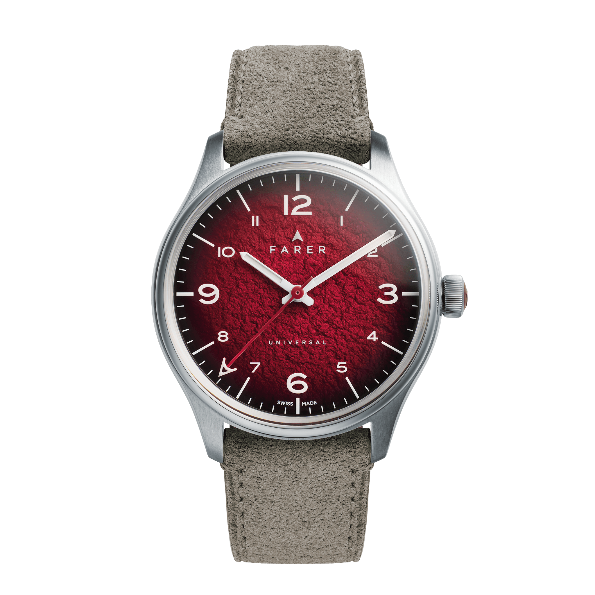 Farer Alert 39mm automatic watch with deep red textured dial and grey suede strap